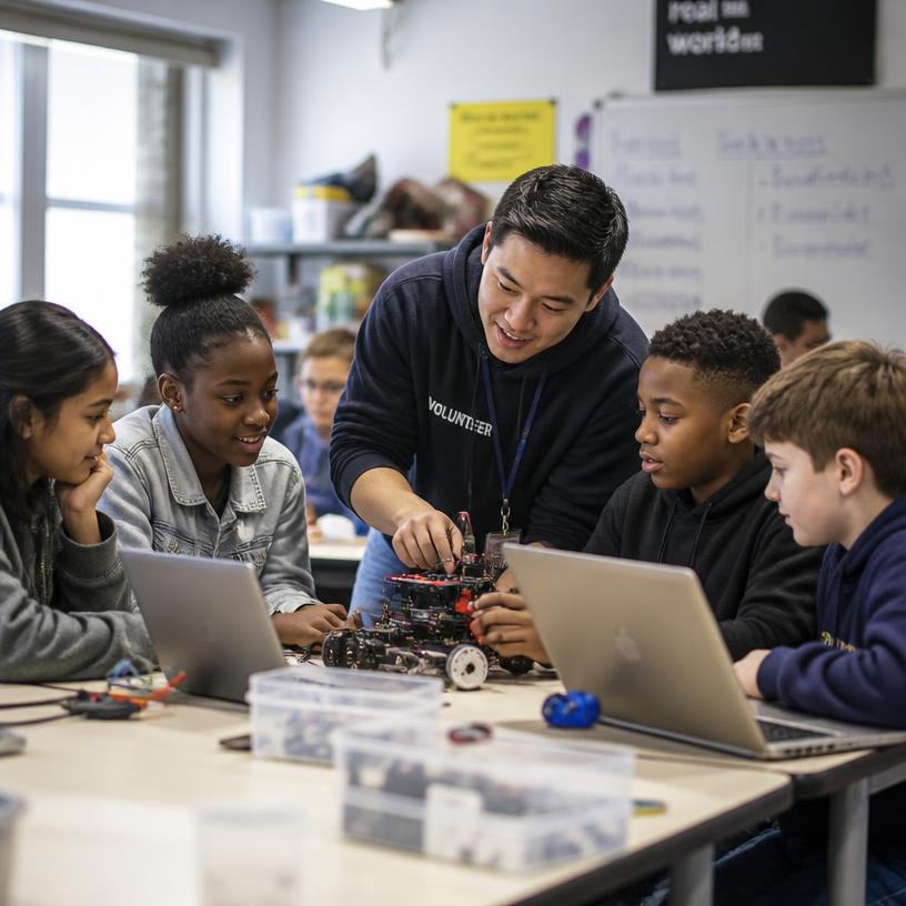 Volunteer mentor leading a hands-on engineering workshop with students