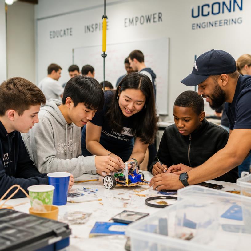 Students and mentors collaborating on an engineering project